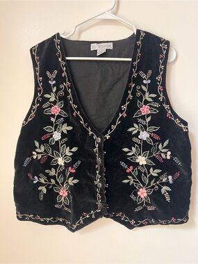 Vtg Chrysantheme Black Velvet Embroidered Floral Vest | 100% Cotton 1X